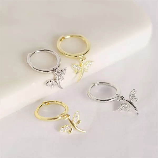 Crystal Dragonfly Dangle Hoop Earrings for Women Teen Girls S925 Sterling Silver with Charms CZ Diamond Drop Cartilage Cute Jewelry Delicate Fashion Birthday Gift Best FriendWhite Gold Plated