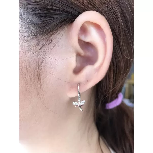 Crystal Dragonfly Dangle Hoop Earrings for Women Teen Girls S925 Sterling Silver with Charms CZ Diamond Drop Cartilage Cute Jewelry Delicate Fashion Birthday Gift Best FriendWhite Gold Plated