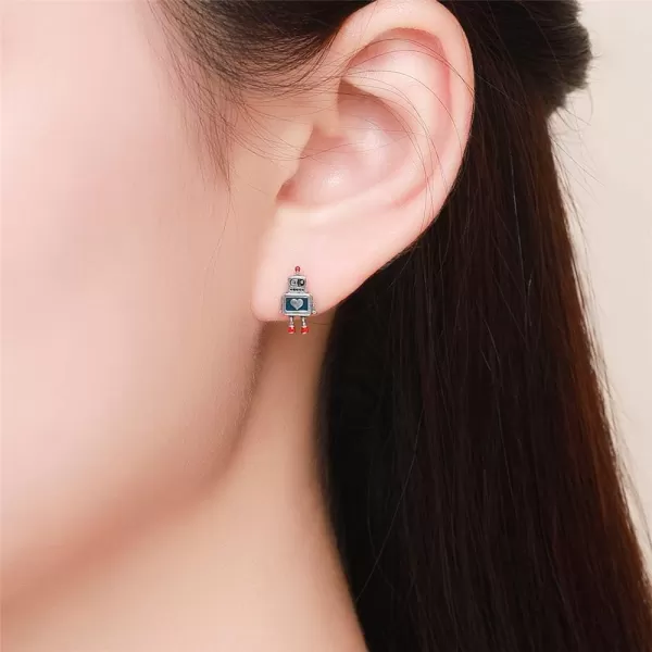 Cute Astronaut Sterling Silver Small Stud Earrings for Women Girls Men Personalized Unique Robot Saucerman Love Heart Studs Tragus Post Hypoallergenic Unisex JewelryRobot