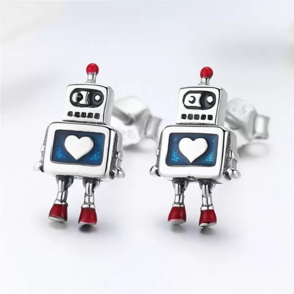 Cute Astronaut Sterling Silver Small Stud Earrings for Women Girls Men Personalized Unique Robot Saucerman Love Heart Studs Tragus Post Hypoallergenic Unisex JewelryRobot