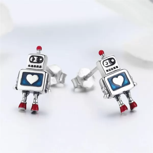 Cute Astronaut Sterling Silver Small Stud Earrings for Women Girls Men Personalized Unique Robot Saucerman Love Heart Studs Tragus Post Hypoallergenic Unisex JewelryRobot