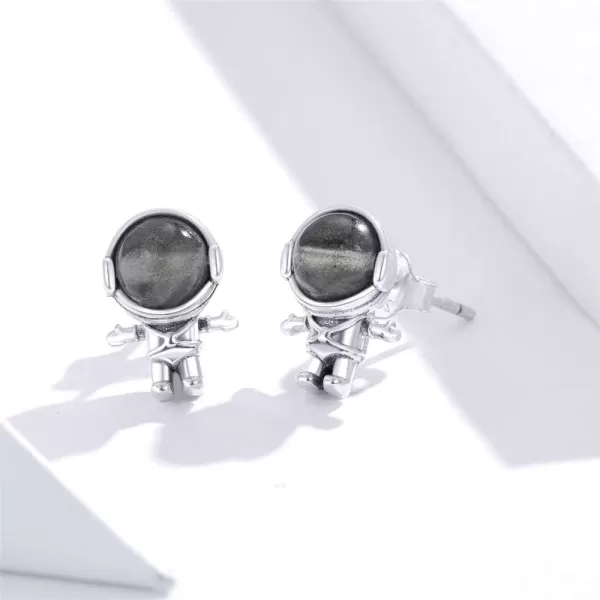 Cute Astronaut Sterling Silver Small Stud Earrings for Women Girls Men Personalized Unique Robot Saucerman Love Heart Studs Tragus Post Hypoallergenic Unisex JewelryAstronaut