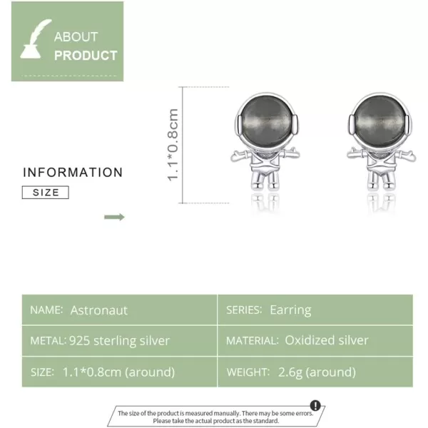 Cute Astronaut Sterling Silver Small Stud Earrings for Women Girls Men Personalized Unique Robot Saucerman Love Heart Studs Tragus Post Hypoallergenic Unisex JewelryAstronaut