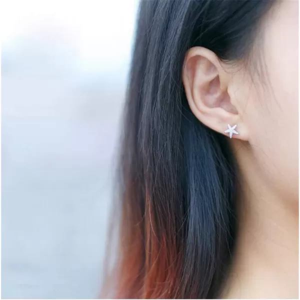 Cute CZ Starfish Stud Earrings for Women Teen Girls S925 Sterling Silver 18K White Gold Plated Huggie Pave Crystal Tiny Star Post Pin Ocean Beach Summer Hypoallergenic Jewelry Wedding Birthday Gift9mm