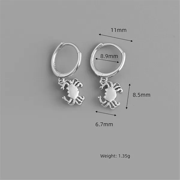 Cute Crab Drop Dangle Small Hoop Earrings for Women Girls 925 Sterling Silver Hypoalleregenic Tiny Mini Animal Cartilage Tragus Fashion Summer Ocean Beach Jewelry Holiday Birthday GiftSilver