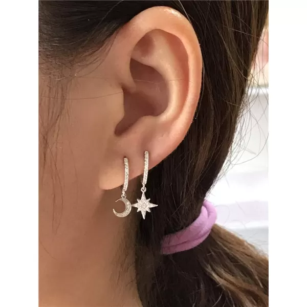 Cute Crystal Moon Star Dangle Hoop Earrings for Women Teen Girls S925 Sterling Silver with Charms Asymmetrical Pave CZ Diamond Drop Cartilage Jewelry Delicate Fashion Dainty GiftSilver