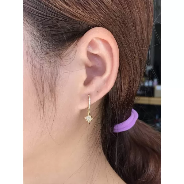 Cute Crystal Moon Star Dangle Hoop Earrings for Women Teen Girls S925 Sterling Silver with Charms Asymmetrical Pave CZ Diamond Drop Cartilage Jewelry Delicate Fashion Dainty GiftGold Plated