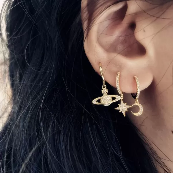 Cute Crystal Moon Star Dangle Hoop Earrings for Women Teen Girls S925 Sterling Silver with Charms Asymmetrical Pave CZ Diamond Drop Cartilage Jewelry Delicate Fashion Dainty GiftGold Plated
