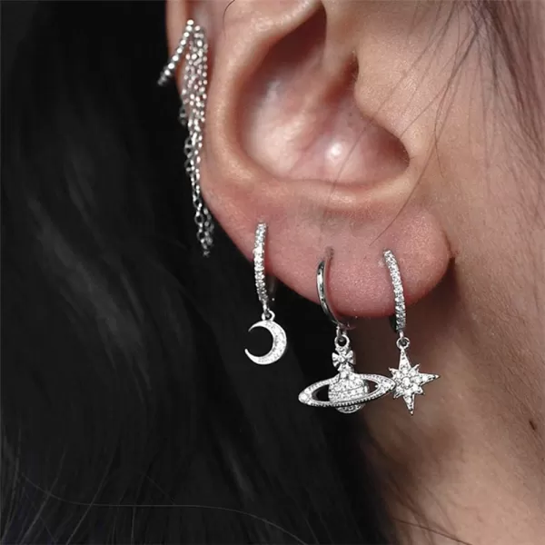 Cute Crystal Moon Star Dangle Hoop Earrings for Women Teen Girls S925 Sterling Silver with Charms Asymmetrical Pave CZ Diamond Drop Cartilage Jewelry Delicate Fashion Dainty GiftSilver
