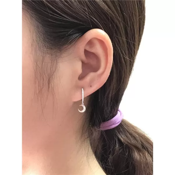 Cute Crystal Moon Star Dangle Hoop Earrings for Women Teen Girls S925 Sterling Silver with Charms Asymmetrical Pave CZ Diamond Drop Cartilage Jewelry Delicate Fashion Dainty GiftSilver