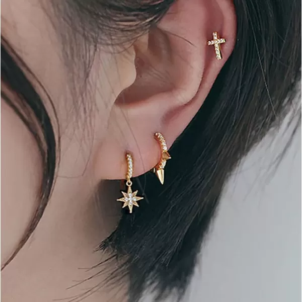 Cute Crystal Moon Star Dangle Hoop Earrings for Women Teen Girls S925 Sterling Silver with Charms Asymmetrical Pave CZ Diamond Drop Cartilage Jewelry Delicate Fashion Dainty GiftGold Plated