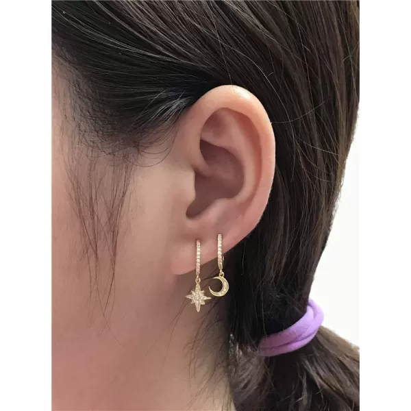 Cute Crystal Moon Star Dangle Hoop Earrings for Women Teen Girls S925 Sterling Silver with Charms Asymmetrical Pave CZ Diamond Drop Cartilage Jewelry Delicate Fashion Dainty GiftGold Plated