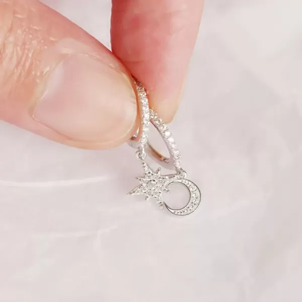Cute Crystal Moon Star Dangle Hoop Earrings for Women Teen Girls S925 Sterling Silver with Charms Asymmetrical Pave CZ Diamond Drop Cartilage Jewelry Delicate Fashion Dainty GiftSilver
