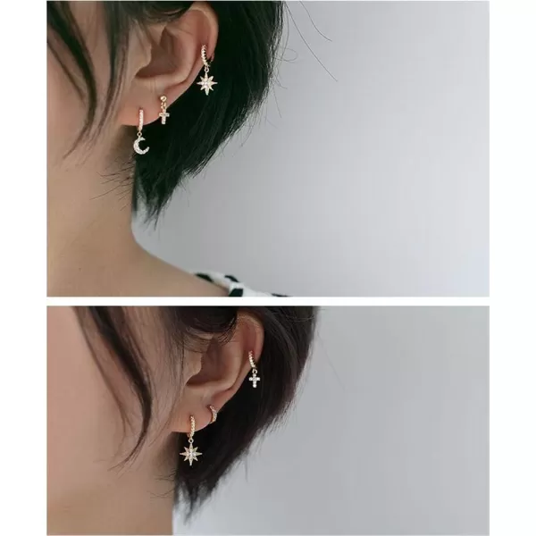 Cute Crystal Moon Star Dangle Hoop Earrings for Women Teen Girls S925 Sterling Silver with Charms Asymmetrical Pave CZ Diamond Drop Cartilage Jewelry Delicate Fashion Dainty GiftGold Plated
