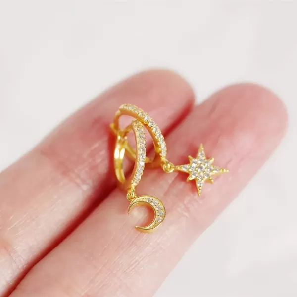 Cute Crystal Moon Star Dangle Hoop Earrings for Women Teen Girls S925 Sterling Silver with Charms Asymmetrical Pave CZ Diamond Drop Cartilage Jewelry Delicate Fashion Dainty GiftGold Plated