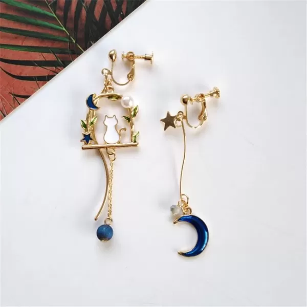 Cute Garden Cat Blue Moon Dangle Clip on Earrings for Women Girls Gold Plated Fashion Charms Asymmetrical Crescent Moon Star Ball Threader Drop Dangling Hypoallergenic Holiday Jewelry GiftsCute Garden Cat Blue Moon Dangle Clip on Earrings for Women Girls Gold Plated Fashion Charms Asymmetrical Crescent Moon Star Ball Threader Drop Dangling Hypoallergenic Holiday Jewelry Gifts