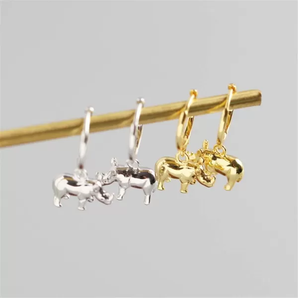 Cute Rhino Dangle Hoop Earrings for Women Girls Sterling Silver with Charms Animal Rhinoceros Drop Cartilage Cuff Stud Lovely Jewelry Fashion Dainty Birthday Christmas Gifts for DaughterSilver