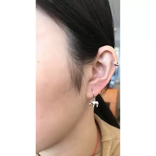 Cute Rhino Dangle Hoop Earrings for Women Girls Sterling Silver with Charms Animal Rhinoceros Drop Cartilage Cuff Stud Lovely Jewelry Fashion Dainty Birthday Christmas Gifts for DaughterSilver
