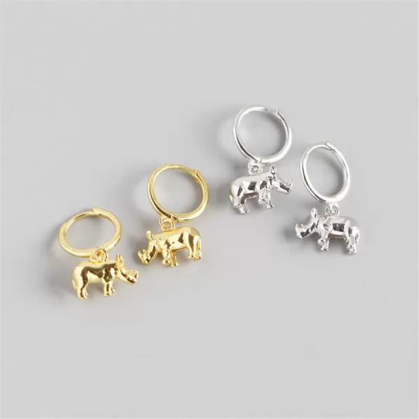 Cute Rhino Dangle Hoop Earrings for Women Girls Sterling Silver with Charms Animal Rhinoceros Drop Cartilage Cuff Stud Lovely Jewelry Fashion Dainty Birthday Christmas Gifts for DaughterSilver