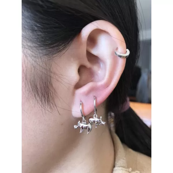 Cute Rhino Dangle Hoop Earrings for Women Girls Sterling Silver with Charms Animal Rhinoceros Drop Cartilage Cuff Stud Lovely Jewelry Fashion Dainty Birthday Christmas Gifts for DaughterSilver