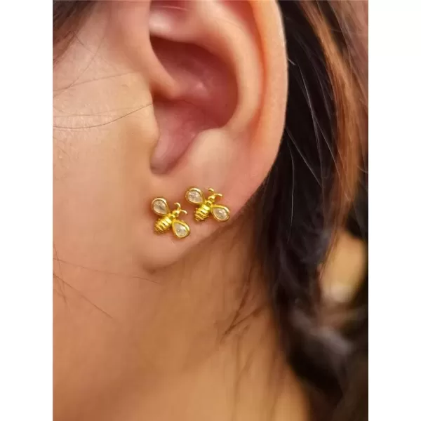 Dainty Bee Butterfly Tiny Crystal Stud Earrings for Women Girls 925 Sterling Silver Hypoallergenic Mini Cute Animal Studs Tragus Lucky Post Pin Fashion Christmas BFF JewelryGold Bee