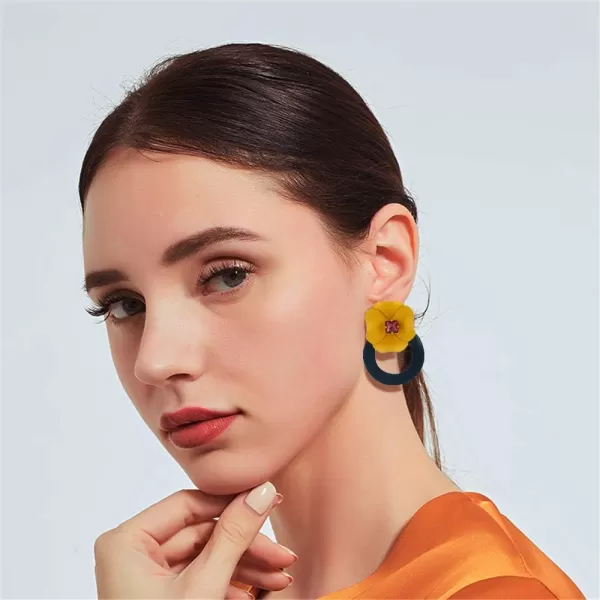 Dainty Boho Stud Earrings for Women Teen Girls Alloy Big Hoop Dangle Drop Square Cut Ruby Crystal Flower Bud Stud Post Pin Earrings Fashion Bohemian Balinese Jewelryyellow flower black hoop