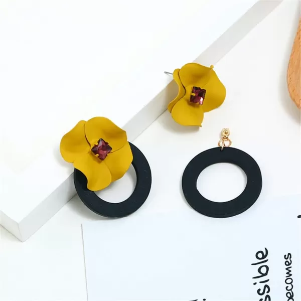 Dainty Boho Stud Earrings for Women Teen Girls Alloy Big Hoop Dangle Drop Square Cut Ruby Crystal Flower Bud Stud Post Pin Earrings Fashion Bohemian Balinese Jewelryyellow flower black hoop