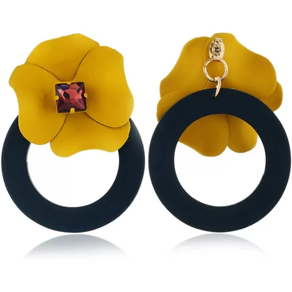 Dainty Boho Stud Earrings for Women Teen Girls Alloy Big Hoop Dangle Drop Square Cut Ruby Crystal Flower Bud Stud Post Pin Earrings Fashion Bohemian Balinese Jewelryyellow flower black hoop