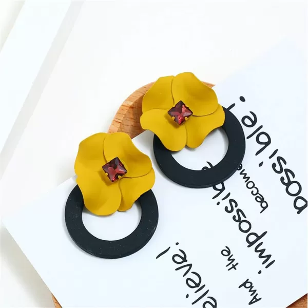 Dainty Boho Stud Earrings for Women Teen Girls Alloy Big Hoop Dangle Drop Square Cut Ruby Crystal Flower Bud Stud Post Pin Earrings Fashion Bohemian Balinese Jewelryyellow flower black hoop