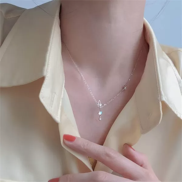 Dainty Butterfly Pendant Necklace for Women Girls Teens Sterling Silver 14K Gold Plated Cubic Zirconia CZ Butterflies Moon Stone Charms Choker Chain Adjustable Fashion Delicate Birthday Wedding Jewelry Gift BoxSilver