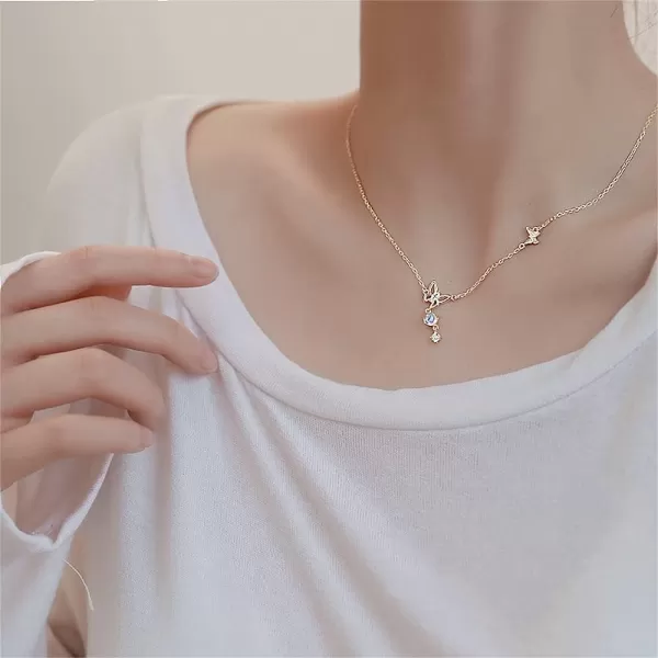 Dainty Butterfly Pendant Necklace for Women Girls Teens Sterling Silver 14K Gold Plated Cubic Zirconia CZ Butterflies Moon Stone Charms Choker Chain Adjustable Fashion Delicate Birthday Wedding Jewelry Gift BoxGold