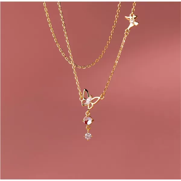 Dainty Butterfly Pendant Necklace for Women Girls Teens Sterling Silver 14K Gold Plated Cubic Zirconia CZ Butterflies Moon Stone Charms Choker Chain Adjustable Fashion Delicate Birthday Wedding Jewelry Gift BoxGold