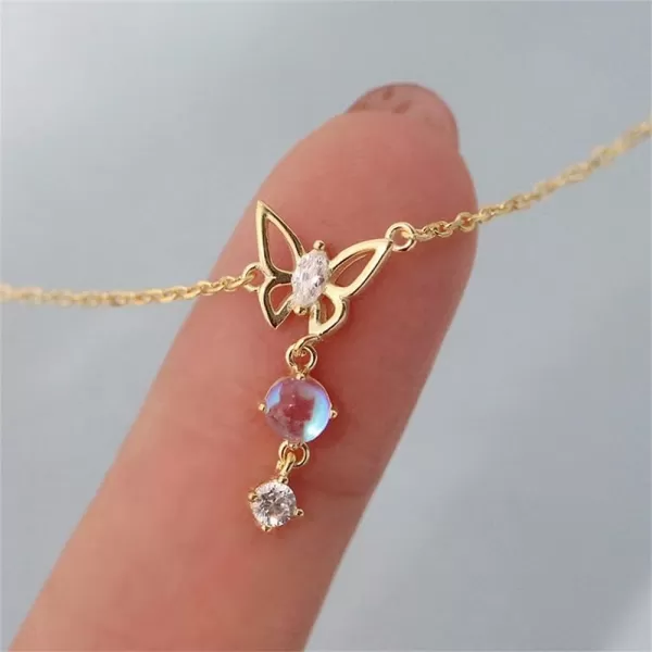 Dainty Butterfly Pendant Necklace for Women Girls Teens Sterling Silver 14K Gold Plated Cubic Zirconia CZ Butterflies Moon Stone Charms Choker Chain Adjustable Fashion Delicate Birthday Wedding Jewelry Gift BoxGold
