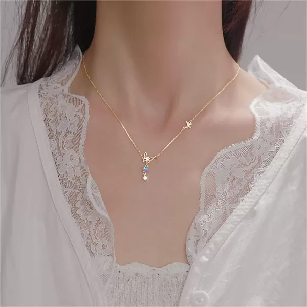 Dainty Butterfly Pendant Necklace for Women Girls Teens Sterling Silver 14K Gold Plated Cubic Zirconia CZ Butterflies Moon Stone Charms Choker Chain Adjustable Fashion Delicate Birthday Wedding Jewelry Gift BoxGold