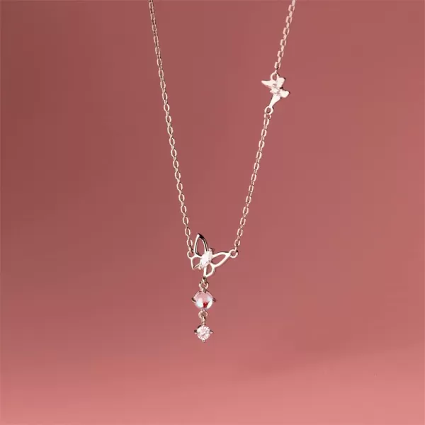 Dainty Butterfly Pendant Necklace for Women Girls Teens Sterling Silver 14K Gold Plated Cubic Zirconia CZ Butterflies Moon Stone Charms Choker Chain Adjustable Fashion Delicate Birthday Wedding Jewelry Gift BoxSilver