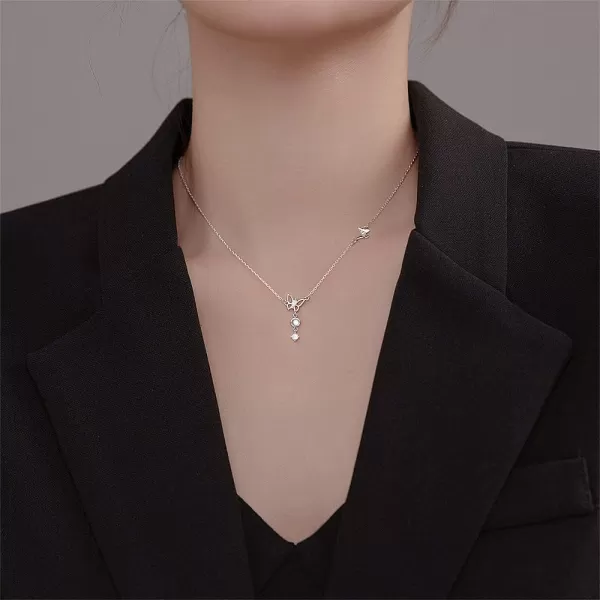 Dainty Butterfly Pendant Necklace for Women Girls Teens Sterling Silver 14K Gold Plated Cubic Zirconia CZ Butterflies Moon Stone Charms Choker Chain Adjustable Fashion Delicate Birthday Wedding Jewelry Gift BoxSilver