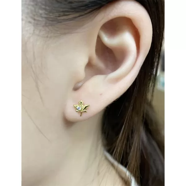 Dainty CZ Maple Leaf Earrings Sterling Silver Small Stud Cartilage Earring for Women Girls Hypoallergenic Tiny Cute CZ Crystal Piercing Studs Canadian Plant Fall Autumn Themed Jewelry14k Gold Plated