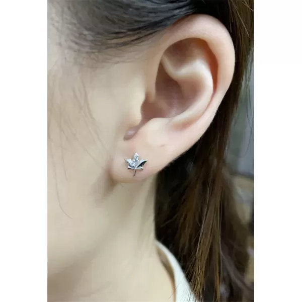 Dainty CZ Maple Leaf Earrings Sterling Silver Small Stud Cartilage Earring for Women Girls Hypoallergenic Tiny Cute CZ Crystal Piercing Studs Canadian Plant Fall Autumn Themed JewelrySilver