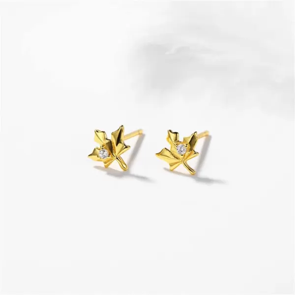 Dainty CZ Maple Leaf Earrings Sterling Silver Small Stud Cartilage Earring for Women Girls Hypoallergenic Tiny Cute CZ Crystal Piercing Studs Canadian Plant Fall Autumn Themed Jewelry14k Gold Plated