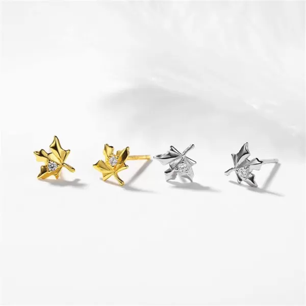 Dainty CZ Maple Leaf Earrings Sterling Silver Small Stud Cartilage Earring for Women Girls Hypoallergenic Tiny Cute CZ Crystal Piercing Studs Canadian Plant Fall Autumn Themed JewelrySilver