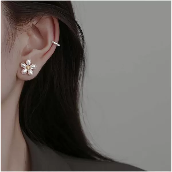Dainty Shell Pearl Flower 925 Sterling Silver Stud Earrings for Women Girls Hypoallergenic Imitation Pearls Petal Cute Small Floral Cartilage Tragus Post Elegant Wedding Jewelry GiftGold Plated