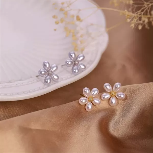 Dainty Shell Pearl Flower 925 Sterling Silver Stud Earrings for Women Girls Hypoallergenic Imitation Pearls Petal Cute Small Floral Cartilage Tragus Post Elegant Wedding Jewelry GiftGold Plated