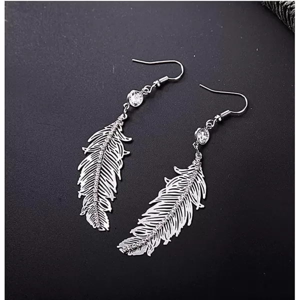 Delicate Feather Drop Dangle Cubic Zirconia Earrings for Women Girls Silvery Filigree Flat Leaf Dangling Hook Stud Fringe Statement Dropping Earring Birthday Wedding Cocktail Party JewelryDelicate Feather Drop Dangle Cubic Zirconia Earrings for Women Girls Silvery Filigree Flat Leaf Dangling Hook Stud Fringe Statement Dropping Earring Birthday Wedding Cocktail Party Jewelry