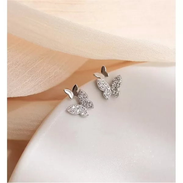 Double Butterfly Cubic Zirconia Tiny Stud Earrings for Women Teen Girls Sterling Silver Hypoallergenic Pierced Ear CZ Cute Huggie Cartilage Tragus Post Pin Earring Gift for Mother Daughtersilver