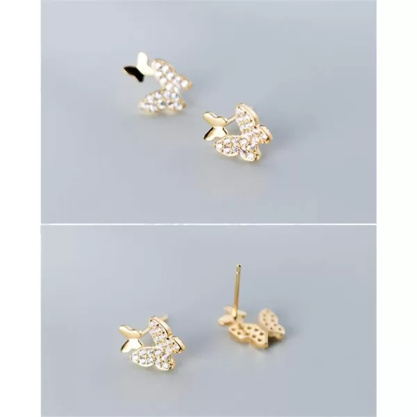 Double Butterfly Cubic Zirconia Tiny Stud Earrings for Women Teen Girls Sterling Silver Hypoallergenic Pierced Ear CZ Cute Huggie Cartilage Tragus Post Pin Earring Gift for Mother Daughtergold plated