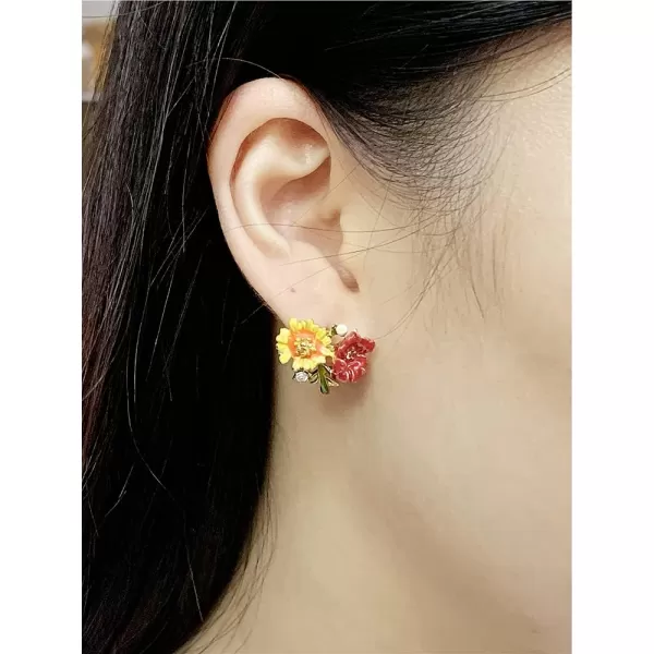 Double Flower Stud Earrings for Women Girls Gold Plated Enameled Daisy Peony Flowers Green Leaf Small Studs Elegant Painting Style Ear Piercing Wedding Birthday Jewelry Dainty GiftsWarm Tone