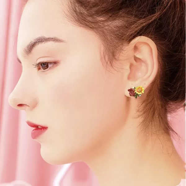 Double Flower Stud Earrings for Women Girls Gold Plated Enameled Daisy Peony Flowers Green Leaf Small Studs Elegant Painting Style Ear Piercing Wedding Birthday Jewelry Dainty GiftsWarm Tone