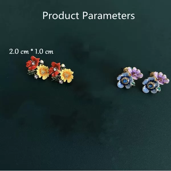 Double Flower Stud Earrings for Women Girls Gold Plated Enameled Daisy Peony Flowers Green Leaf Small Studs Elegant Painting Style Ear Piercing Wedding Birthday Jewelry Dainty GiftsWarm Tone