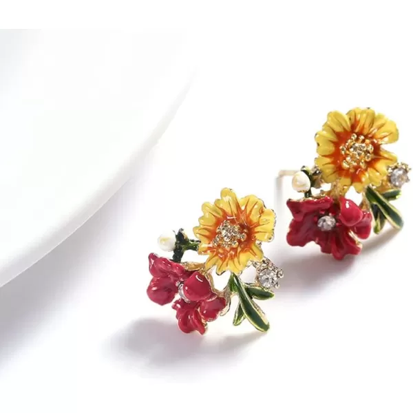 Double Flower Stud Earrings for Women Girls Gold Plated Enameled Daisy Peony Flowers Green Leaf Small Studs Elegant Painting Style Ear Piercing Wedding Birthday Jewelry Dainty GiftsWarm Tone