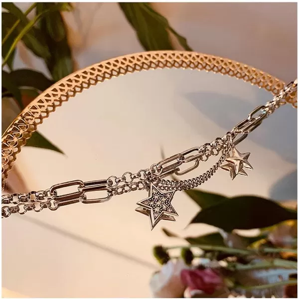 Double Stars Choker Necklace for Women Girls Silver Plated Paperclip Chain Cubic Zirconia Delicate Star Link Charm Pendant Bracelet Anklet Adjustable Hypoallergenic Punk PersonalizedDouble Stars Choker Necklace for Women Girls Silver Plated Paperclip Chain Cubic Zirconia Delicate Star Link Charm Pendant Bracelet Anklet Adjustable Hypoallergenic Punk Personalized